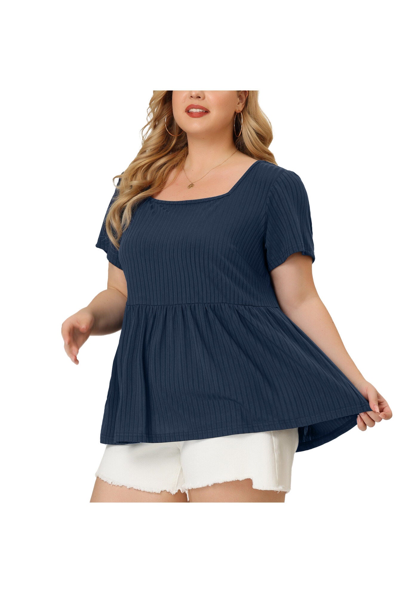 Babydoll Top Summer Peplum Short Sleeve Summer Oversized Tunic Blouse, Navy Blue / Navy, alternate image number 2