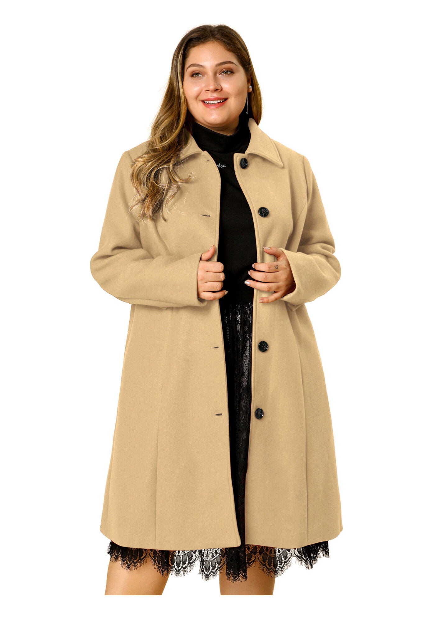 SINGLE BREASTED BELTED WINTER LONG COAT, Khaki / Taupe, alternate image number 2