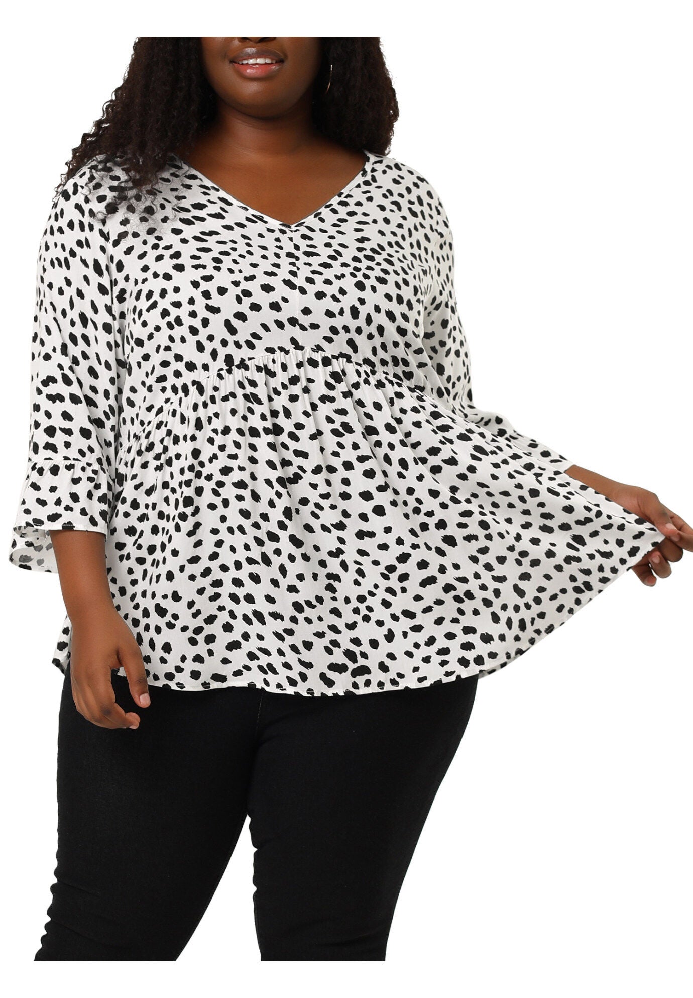 Polka Dots Blouse 3/4 Ruffle Sleeve Peplum Top, White / White, alternate image number 1
