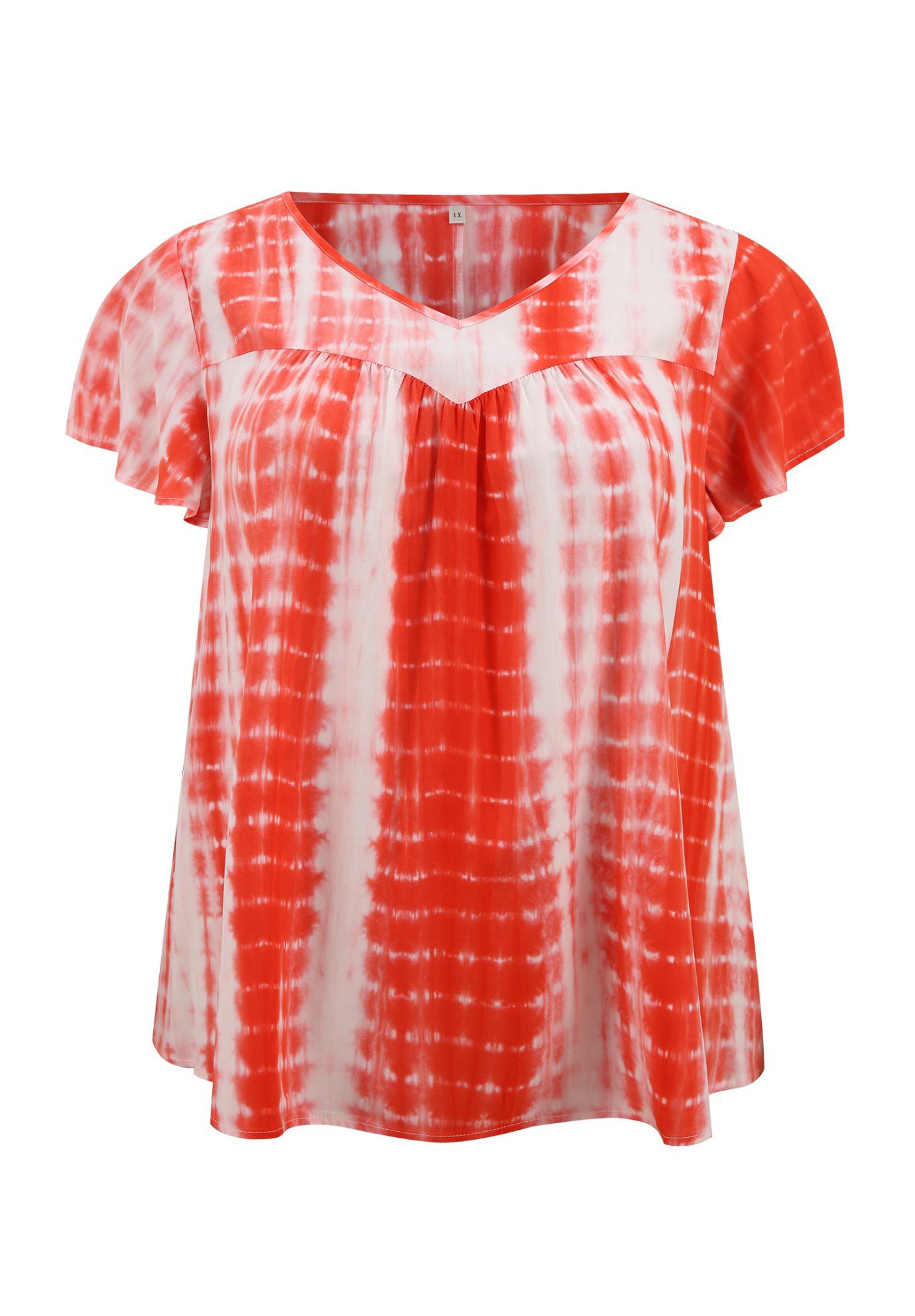 Tie Dye V Neck Ruffle Short Sleeve Pleated Blouse, Orange / Orange, alternate image number 3