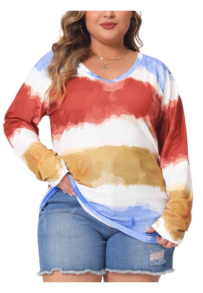 Casual Summer V Neck Tie Dye T-Shirt, Blue / Light Blue, alternate image number 2