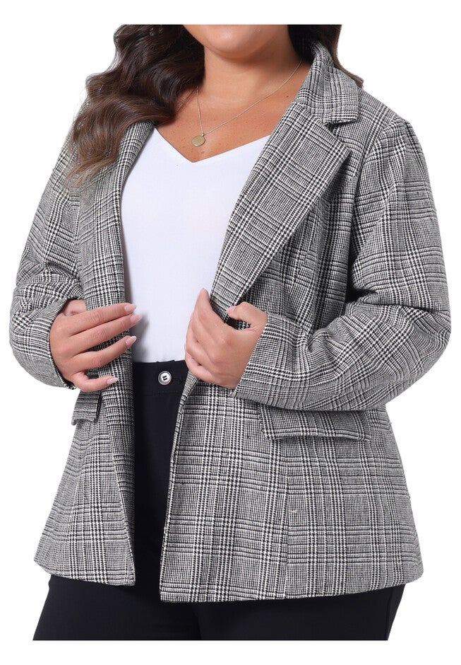 PLAID NOTCHED LAPEL CASUAL BLAZER, Black White / White, alternate image number 2
