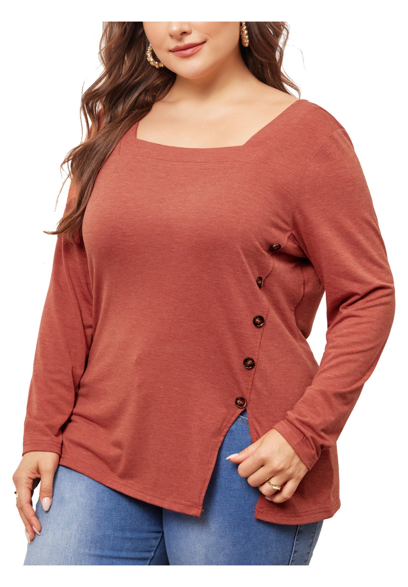 Side Button Square Neck Long Sleeve Tunic Blouse, Red Brown / Burnt Orange, alternate image number 1