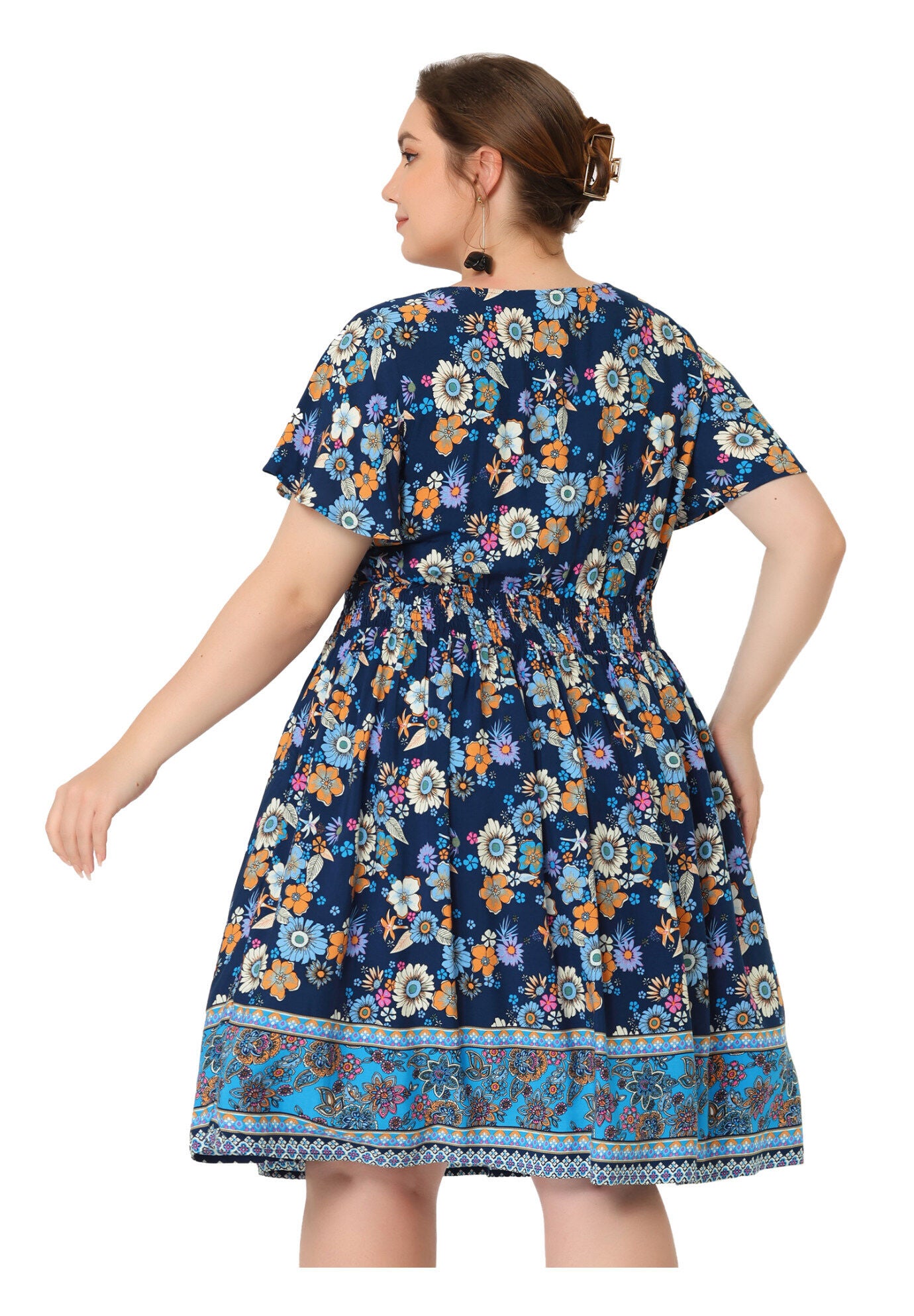 Placed Pattern Bohemian Smock Waist V Neck Summer Midi Dress, Dark Blue / Navy, alternate image number 3