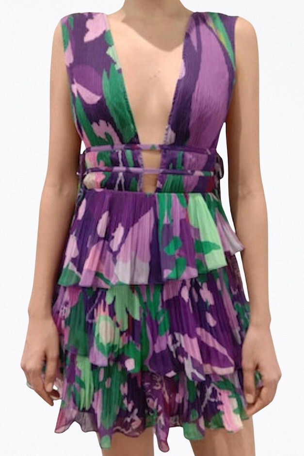AERIN PLEATED CUTOUT CHIFFON MINI DRESS IN PURPLE, Purple / Purple, alternate image number 1