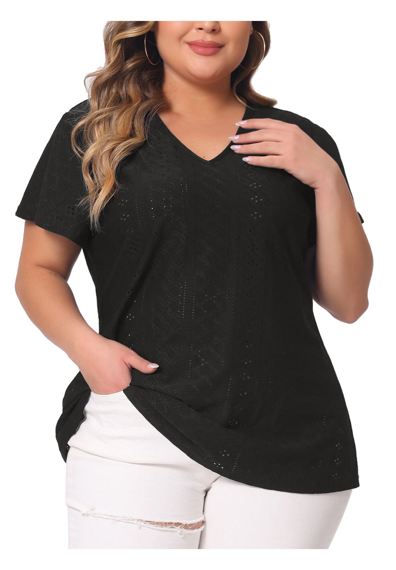 Summer Tee V Neck Hollow Flare Short Sleeve Casual Top Tunic, Black / Black, alternate image number 1