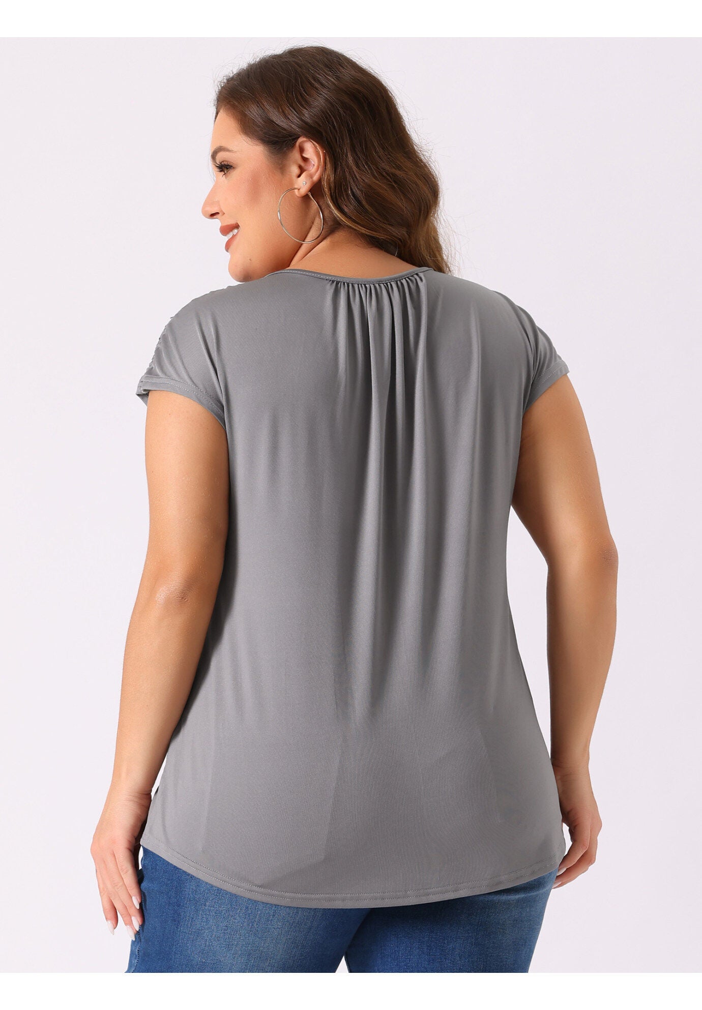 ROUND NECK RUCHED SHORT SLEEVE CASUAL TOP, Gray / Light Grey, alternate image number 3