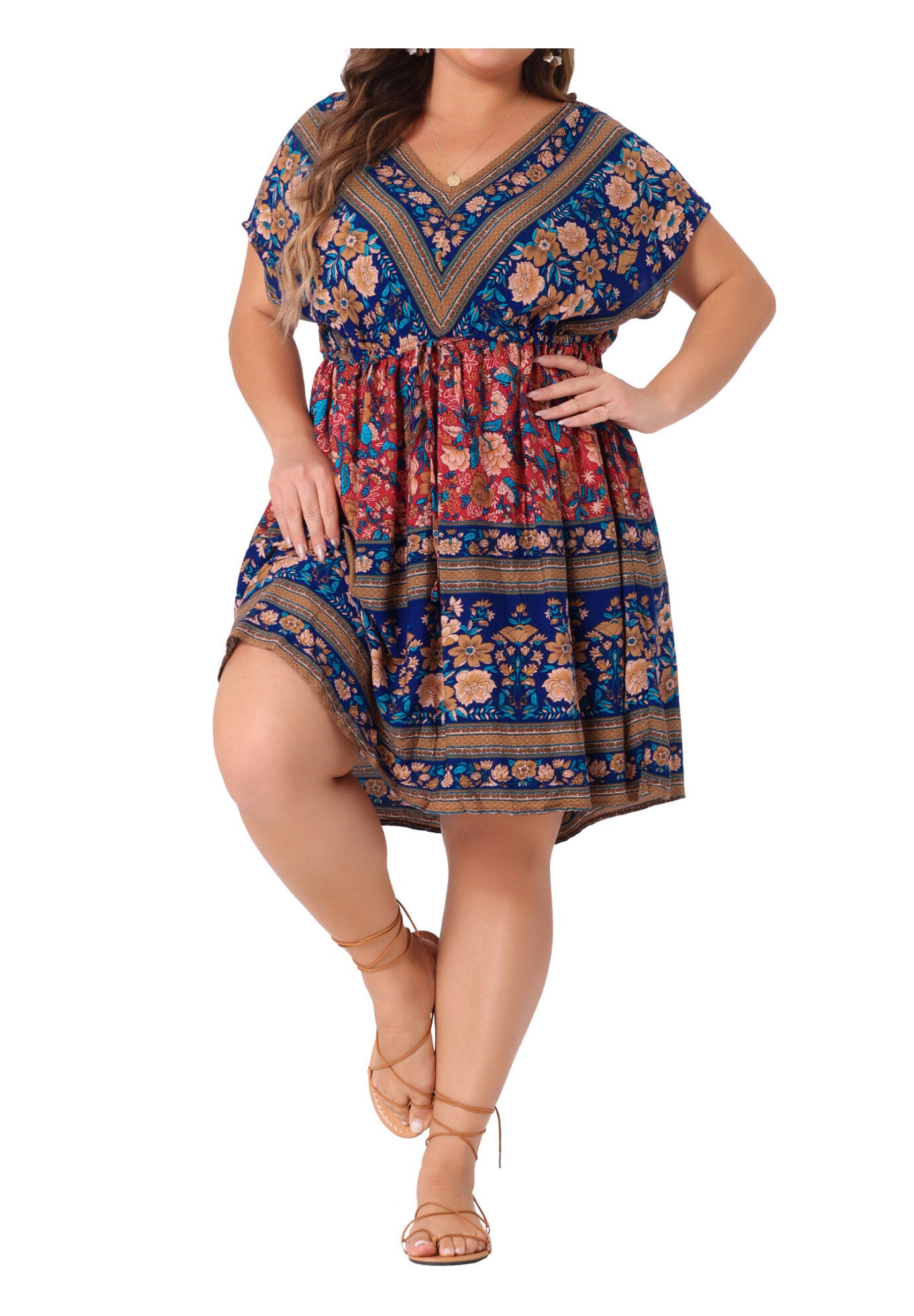 Boho Summer V Neck Drawstring Waist Short Sleeve Floral Print Dress, Royal Blue / Royal Blue, alternate image number 2