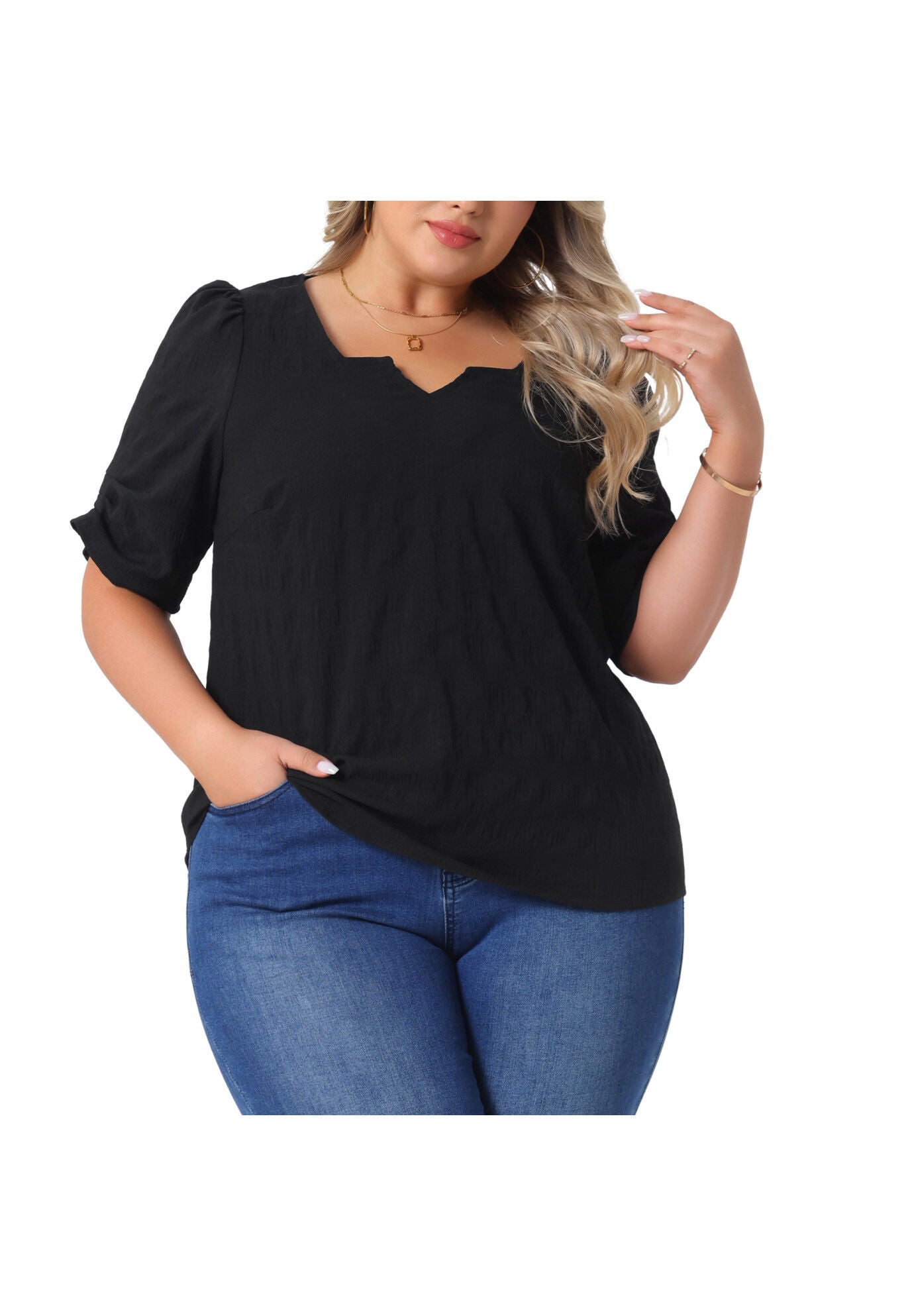 Pleated Notched Short Sleeve Casual Blouse, Black / Black, alternate image number 2
