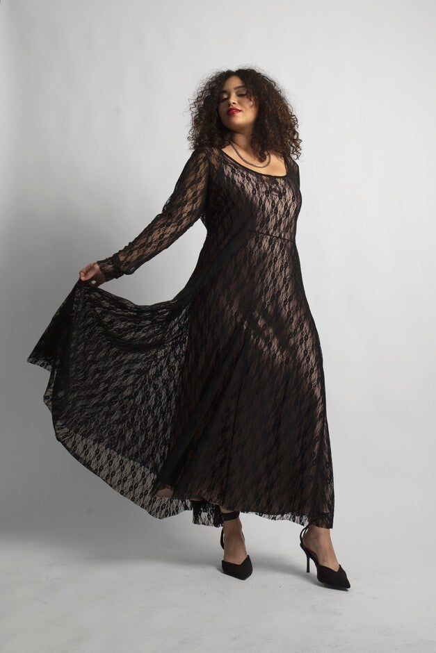 Sheer Lace Mesh Dress- Black, Black / Black, alternate image number 1