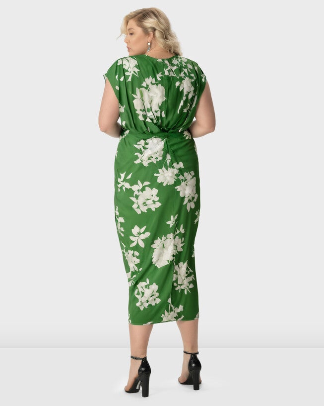 Dolman Sleeve Floral Print Crepe Faux Wrap Dress, Pale Gray / Kelly Green, alternate image number 1