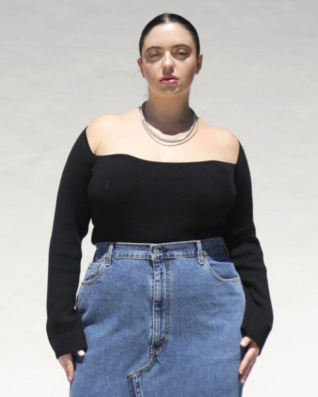 Portrait Neckline Rib Knit Sweater in Black, Black / Black, alternate image number 1