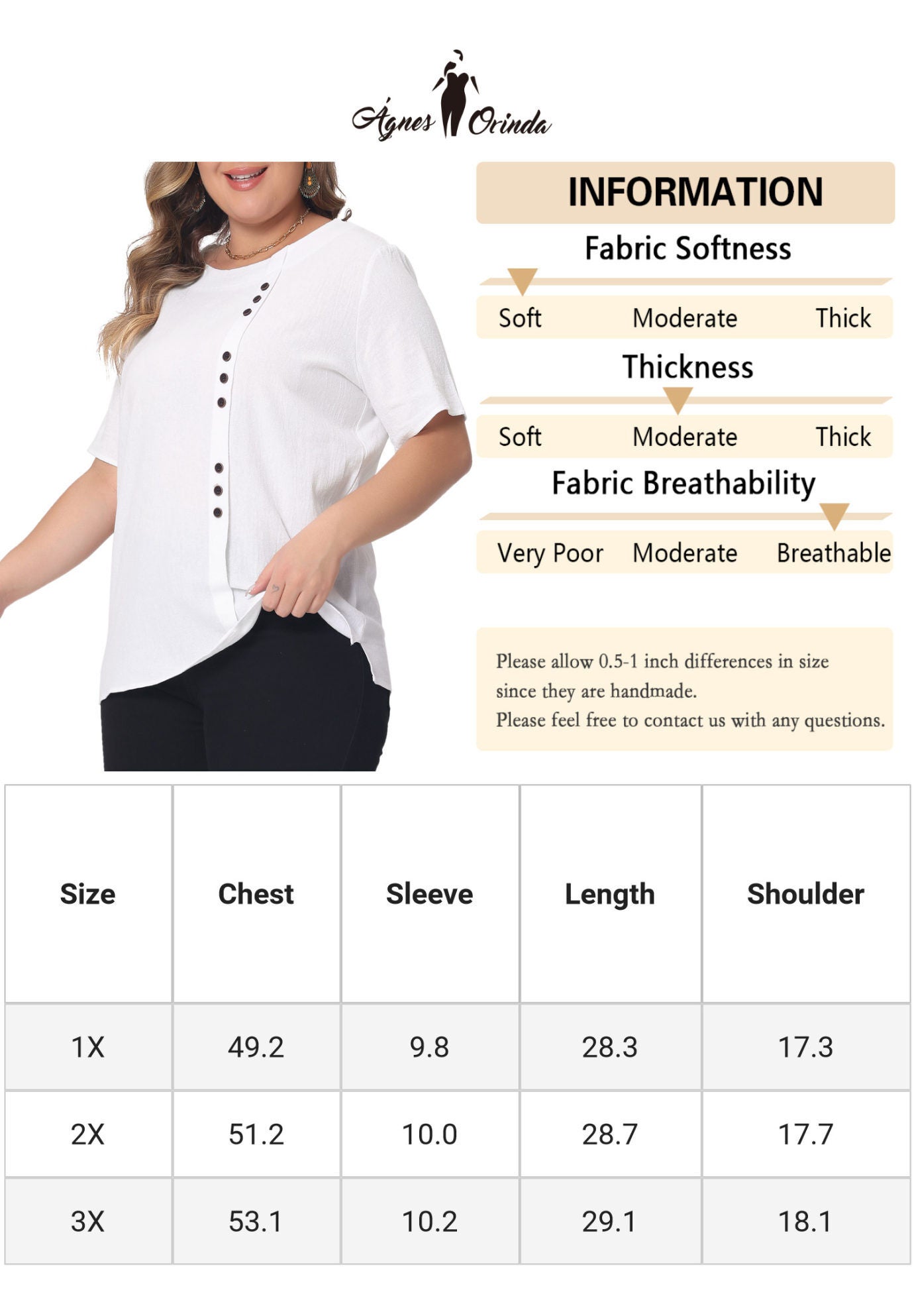 Short Sleeve Round Neck Cotton Linen T-Shirt Top, White / White, alternate image number 2