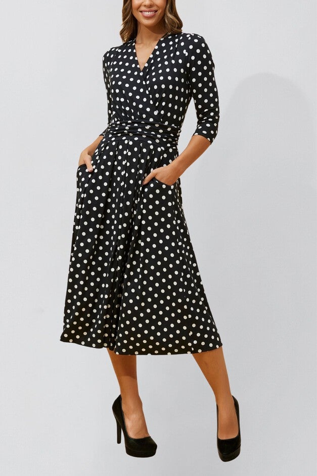 Annick - Evelyn Midi Dress Crossover Polka Dot Print, Black / Black, hi-res image number 0