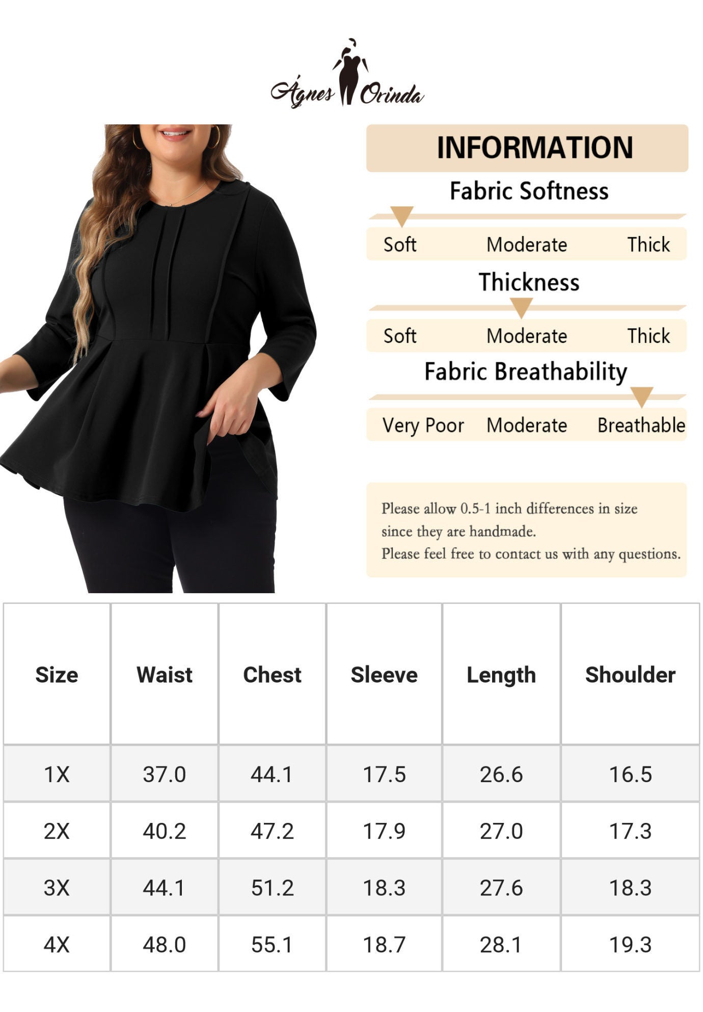 Crew Neck 3/4 Sleeve Peplum Top, Black / Black, alternate image number 4