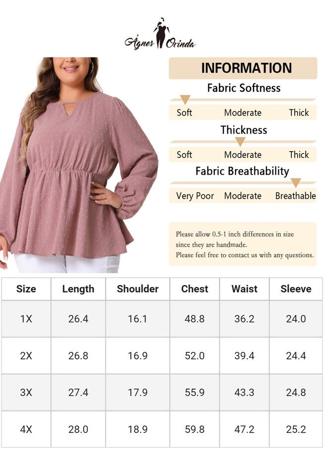 Textured Keyhole Cut Out Long Sleeve Swiss Dots Babydoll Peplum Blouse, Pink / Mauve, alternate image number null