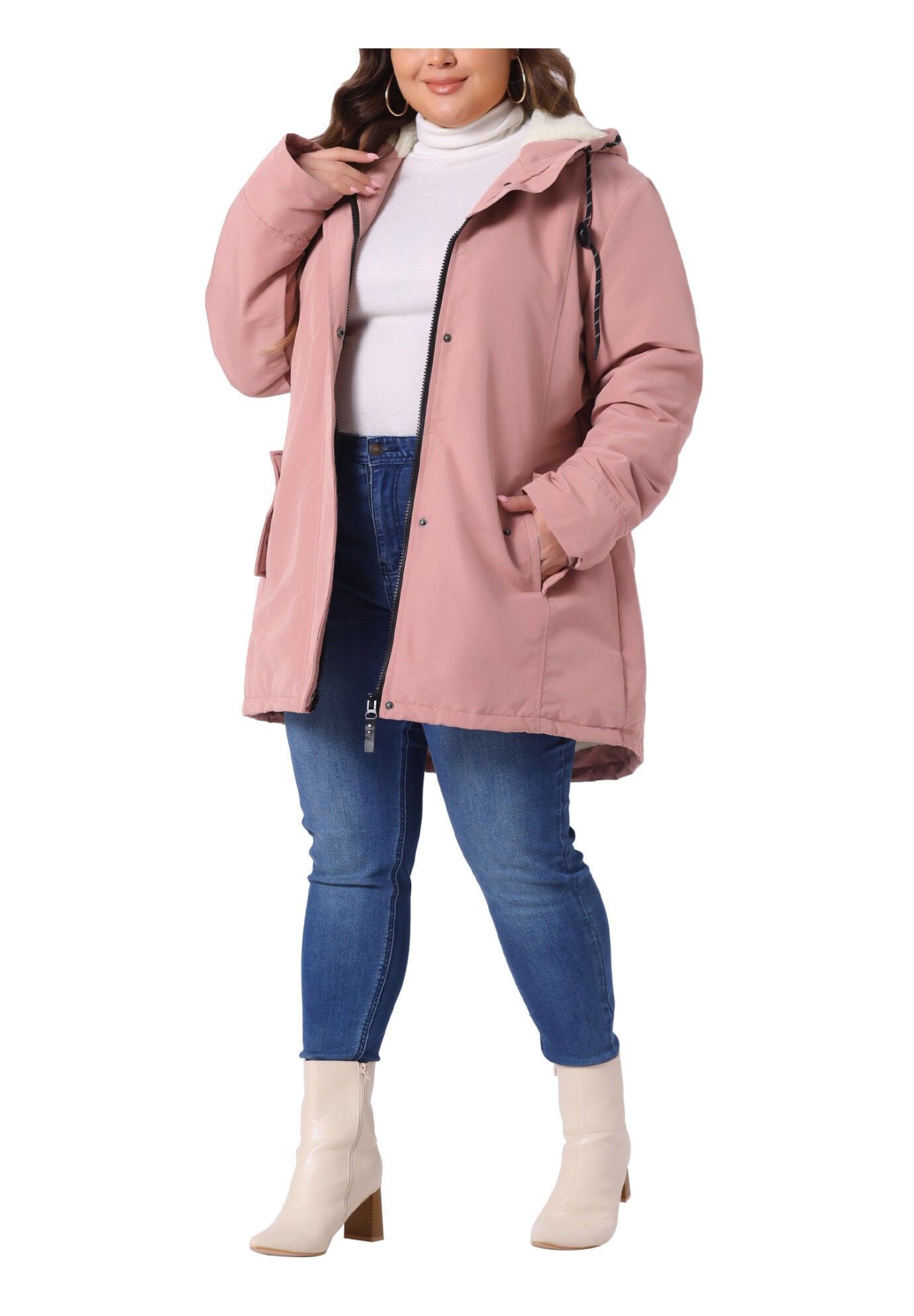 Faux Lamb Fur Leather Button Down Hoodie Parka Coat, Pink / Pink, hi-res image number 0