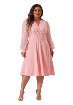 Long Sleeve Swiss Dots Wrap V Neck Formal Knee Length Dress