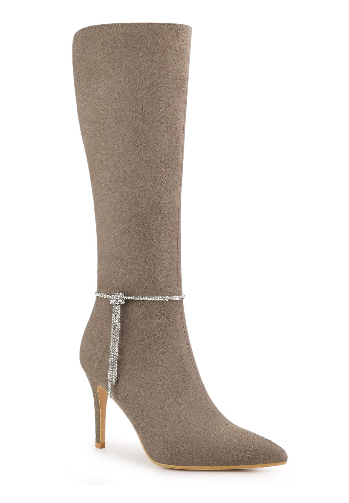 Rhinestone Chain Pointed Toe Stiletto Heels Knee High Boots, Taupe / Taupe, hi-res image number 0