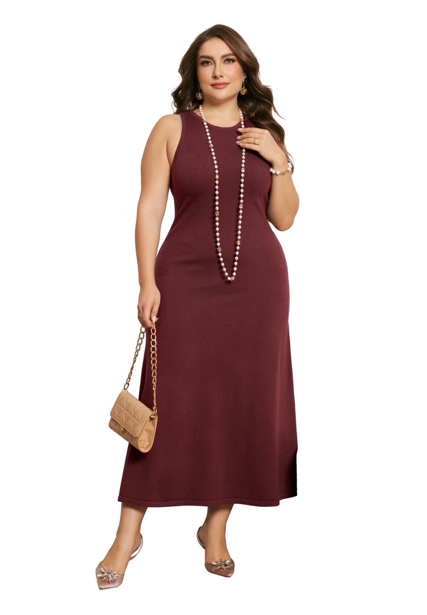 Crewneck Sleeveless Knit Casual Sweater Tank Dress, Burgundy / Burgundy, hi-res image number 0