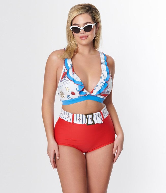 Unique Vintage White & Blue Nautical Print Ruffle Swim Top, White Blue Nautical Print / White, alternate image number 3