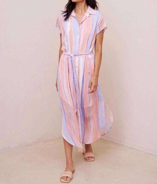 CAPSLEEVE TIE WAIST SHIRT DRESS IN PALOMA STRIPES PRINT, Paloma Stripes Print / Pink, hi-res image number 0