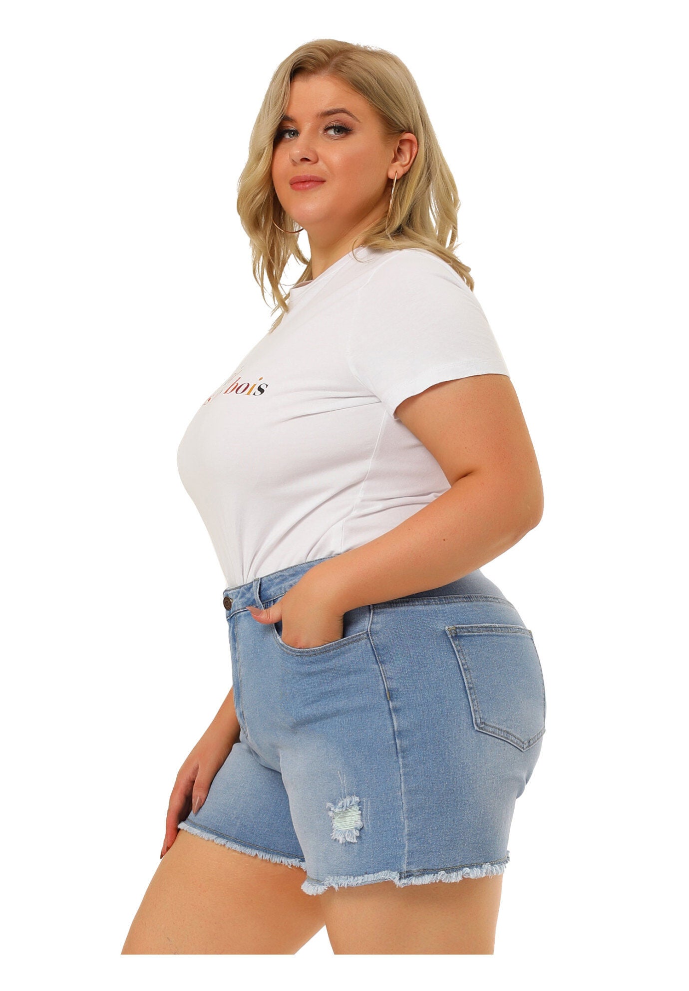 HIGH WAISTED RIPPED STRETCHY DENIM JEAN SHORTS, Mid Blue / Dusty Blue, alternate image number 4