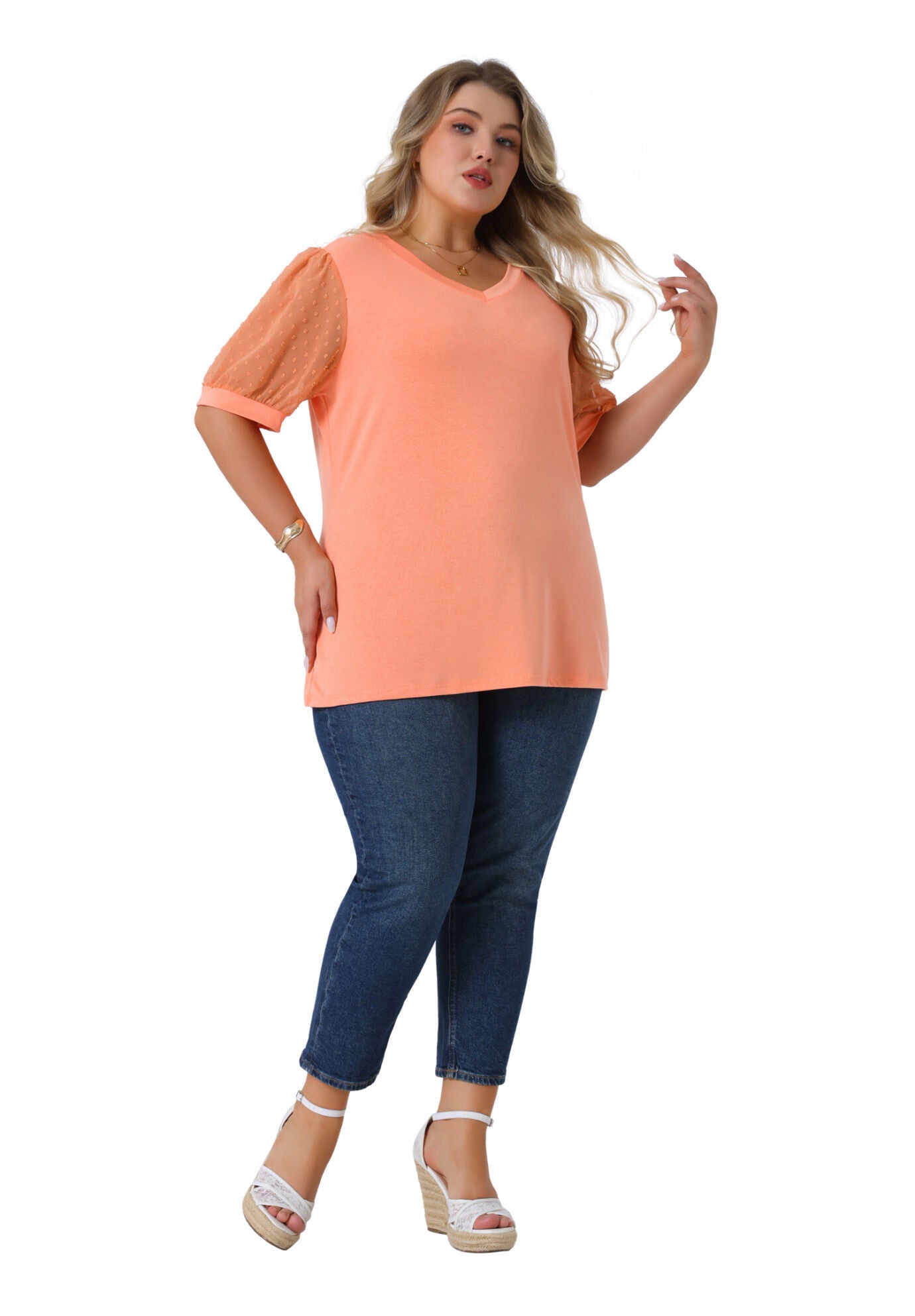 V Neck Swiss Dots Puff Sleeve Loose Top, Orange / Orange, hi-res image number 0