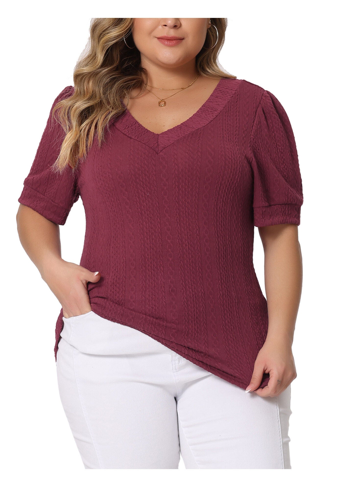 DEEP V NECK SHORT SLEEVE T-SHIRT CASUAL TOP, Burgundy / Red, alternate image number 2