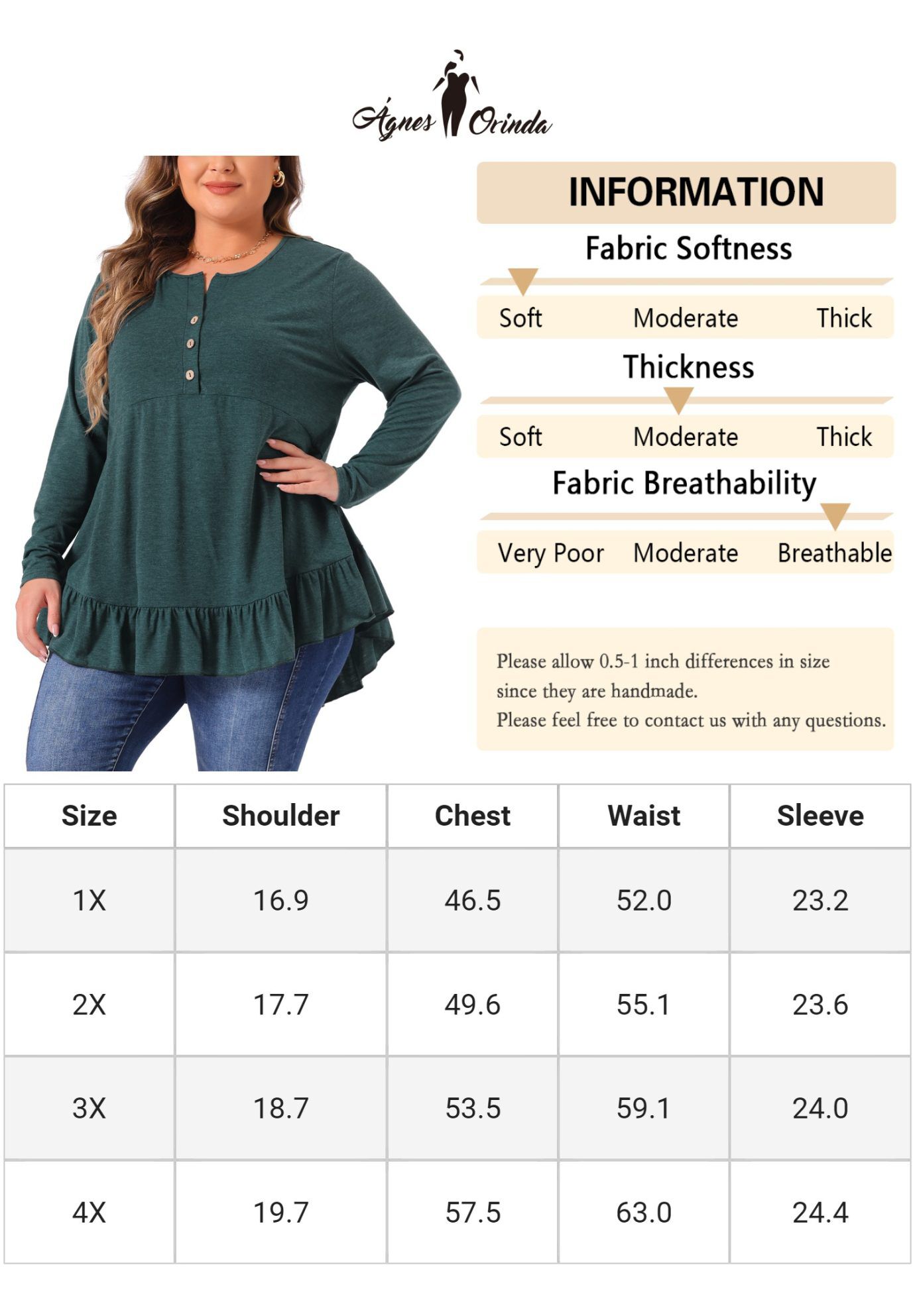 Henley V Neck Ruffled Hem Flowy Blouse Tunic, Dark Green / Forest Green, alternate image number 3