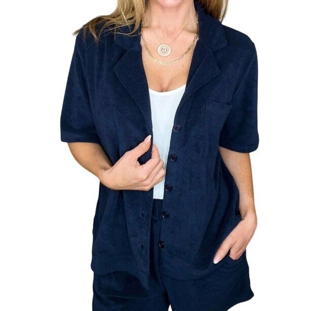 FRENCH TERRY BUTTON DOWN TOP, Navy / Azure Blue, hi-res image number null