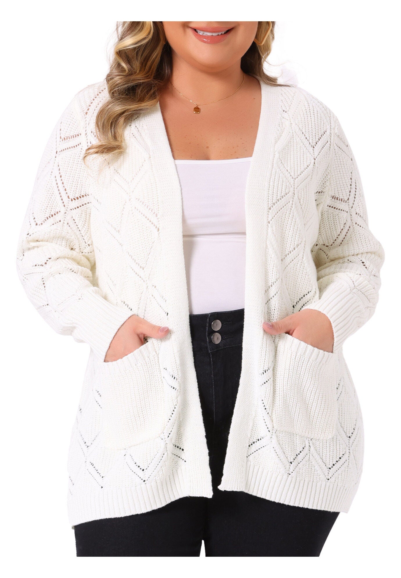 Fall Winter Long Sleeve with Pockets Knit Cardigans, White / White, alternate image number 2