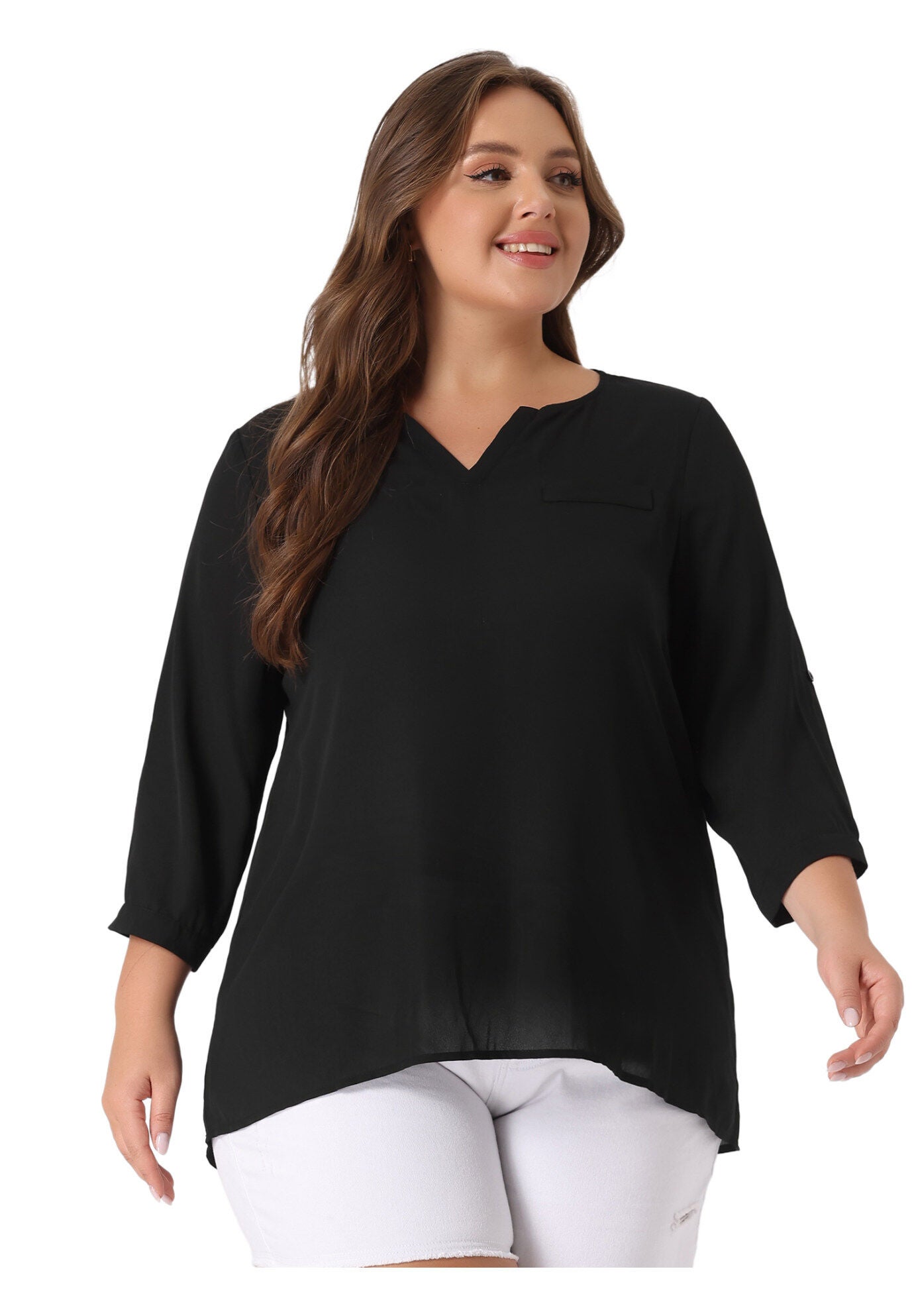 3/4 Sleeve Sheer Flowy Summer Split V Neck Blouse, Black / Black, alternate image number 2