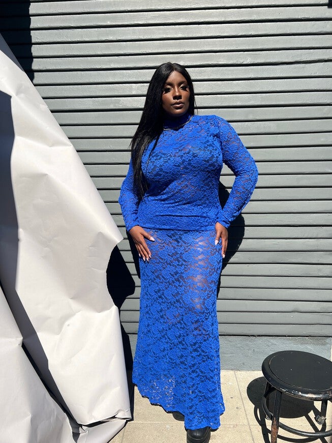 GIANNA STRETCH LACE MERMAID MAXI SKIRT, Cobalt / Cobalt, alternate image number 1