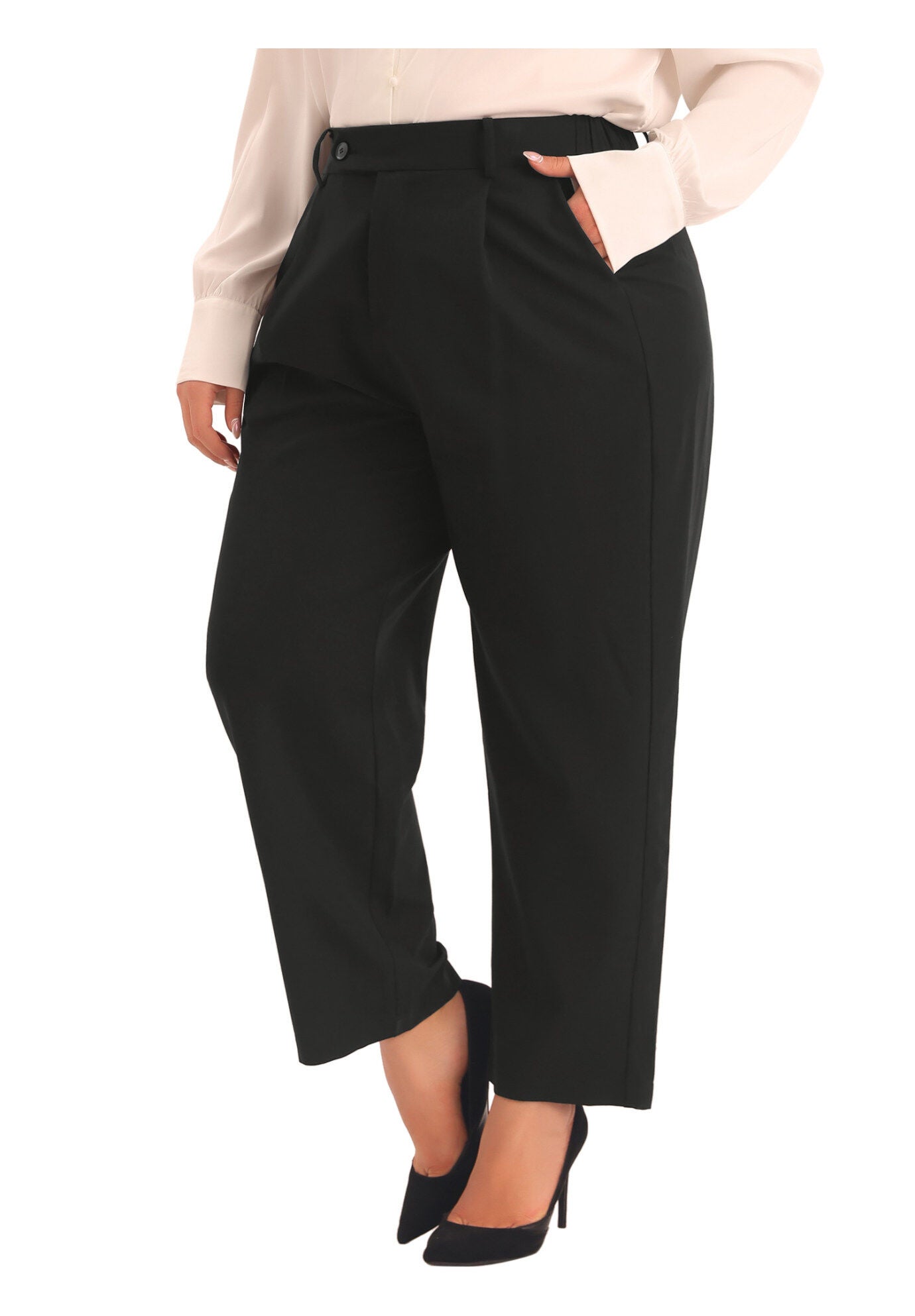 ELASTIC HIGH WAISTED LONG STRAIGHT BUSINESS CASUAL TROUSERS, Black / Black, alternate image number 2