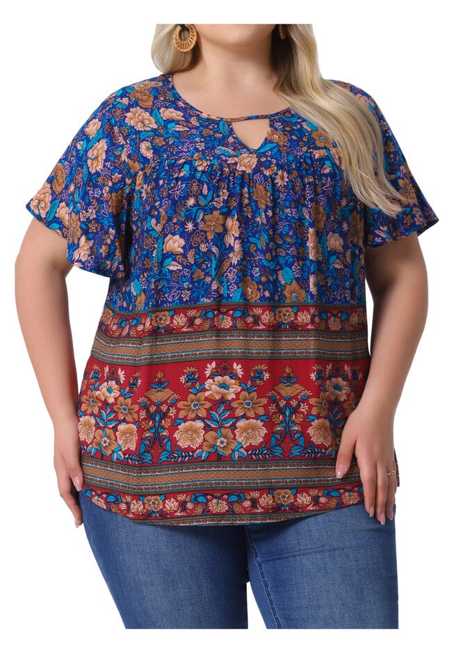 Keyhole Ruffle Short Sleeve Top Boho Floral Summer Blouse, Navy Blue / Navy, alternate image number 2