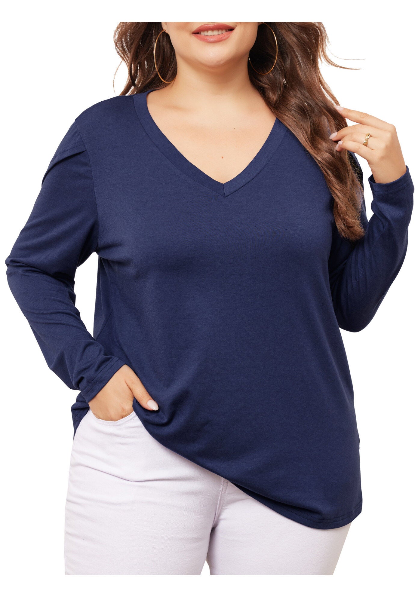 V Neck Tulip Long Sleeve T-Shirt Casual Top, Navy Blue / Navy, alternate image number 2