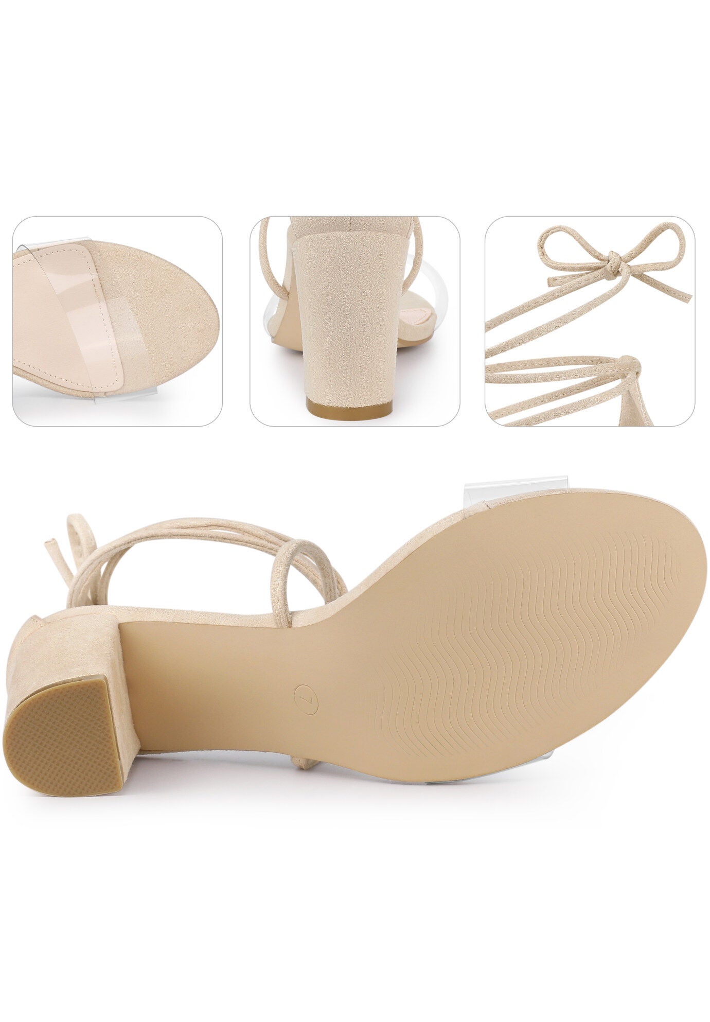 Lace Up Clear Strap Strappy Chunky Heel Sandals, Beige / Beige, alternate image number 3