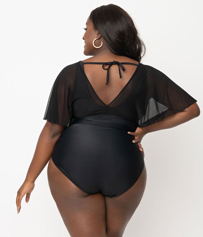 Unique Vintage Black Mesh Sleeved Torrey Swimsuit, , alternate image number 5