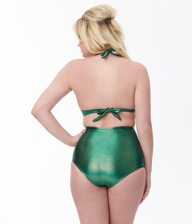 Unique Vintage Metallic Emerald Monroe Halter Swim Top, Metallic Emerald / Forest Green, alternate image number 3