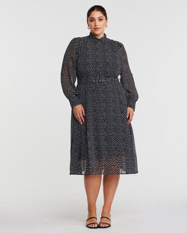 Diana Black Polka Dot Belted Midi Dress, BLACKMILK / Black, hi-res image number 0