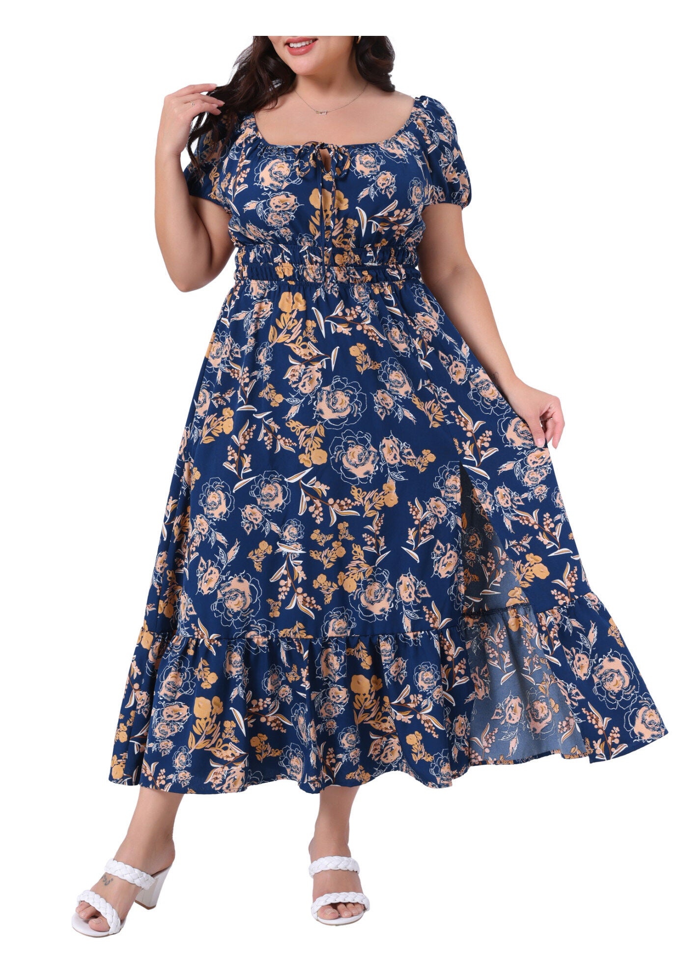 Square Neck Floral Short Sleeve Side Slit A Line Maxi Floral Dress, Navy Blue / Navy, alternate image number 2