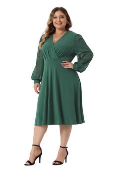 Long Sleeve Swiss Dots Wrap V Neck Formal Knee Length Dress