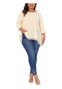 Waffle 3/4 Sleeve Lace Panel Loose High Low Hem Blouse Top