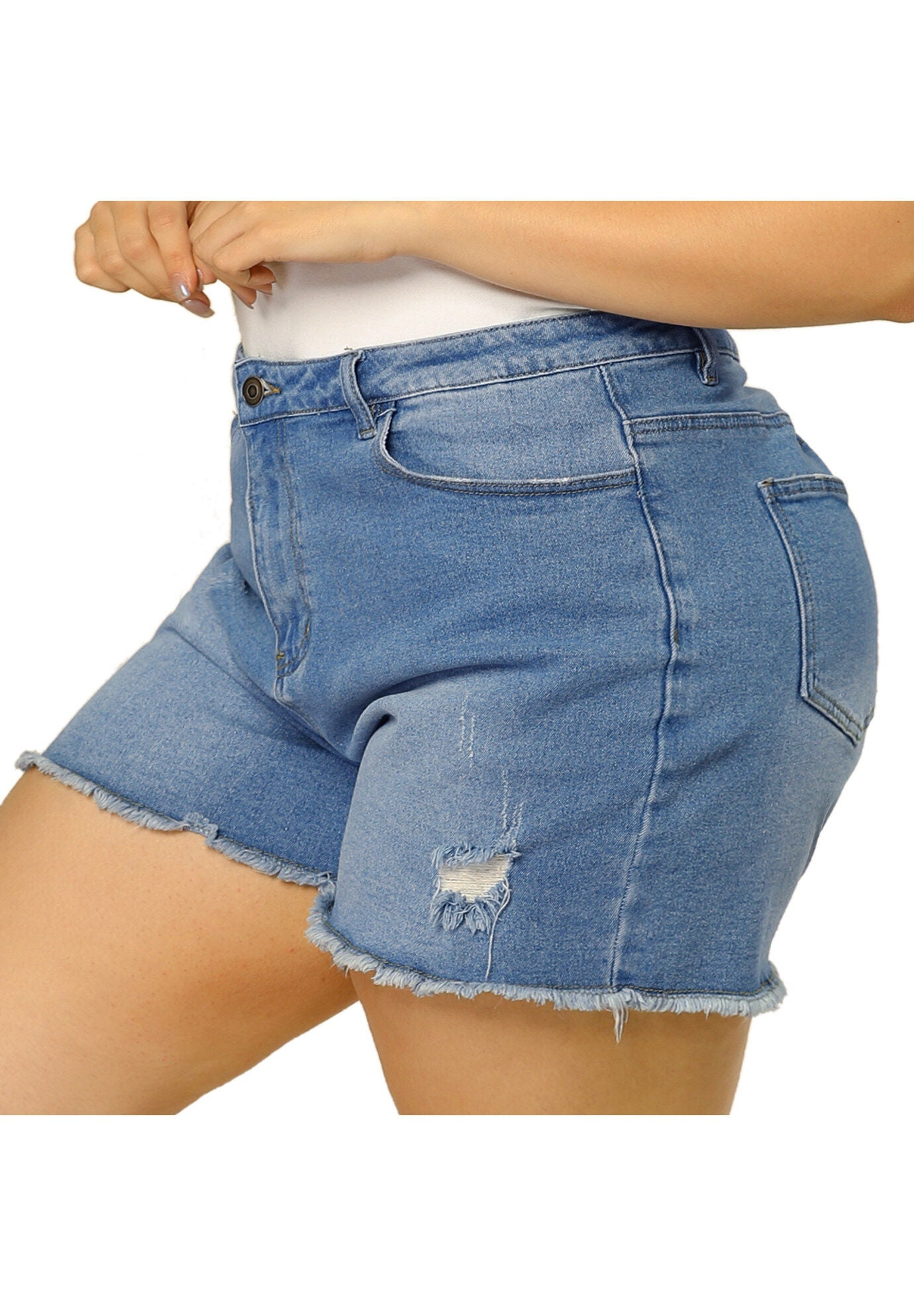 HIGH WAISTED RIPPED STRETCHY DENIM JEAN SHORTS, Light Blue / Light Blue, alternate image number 2