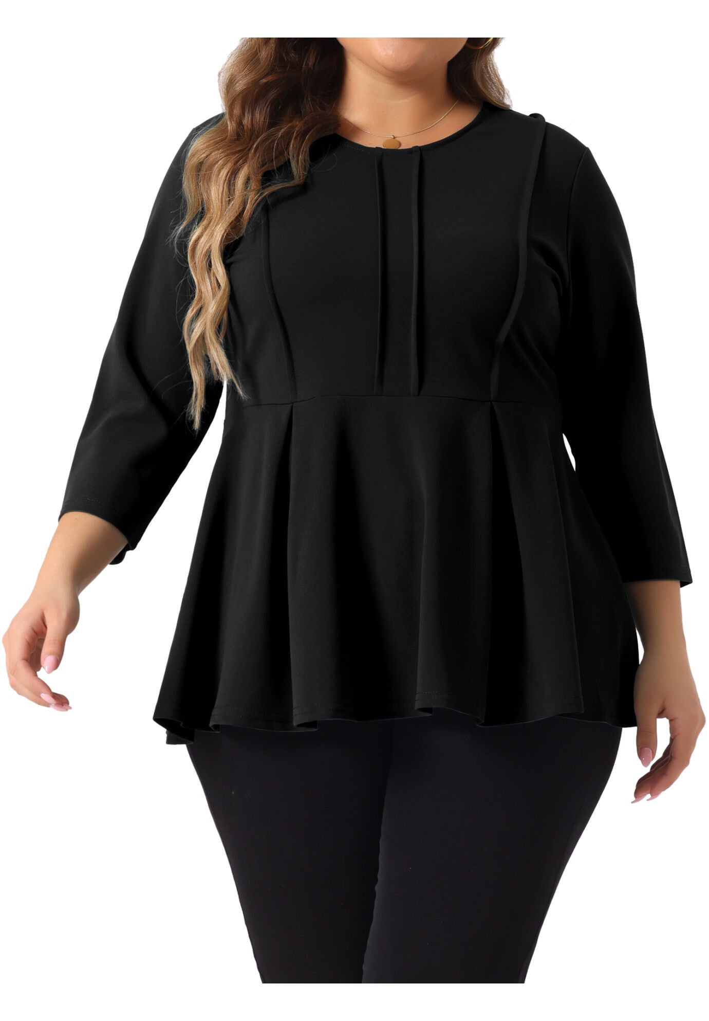 Crew Neck 3/4 Sleeve Peplum Top, Black / Black, alternate image number 1