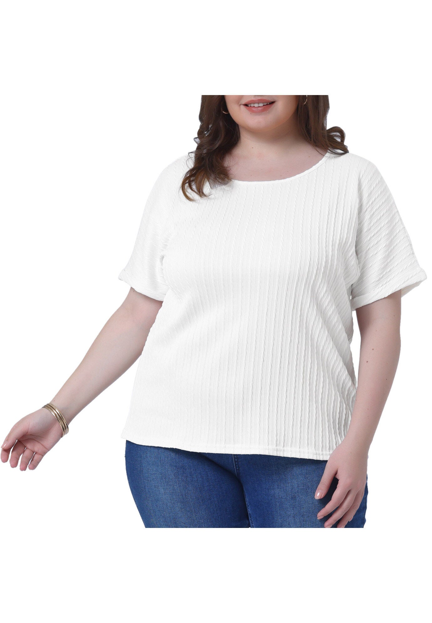 Textured Rolled Short Sleeve Crew Neck T-Shirts Blouses, White / White, alternate image number 1