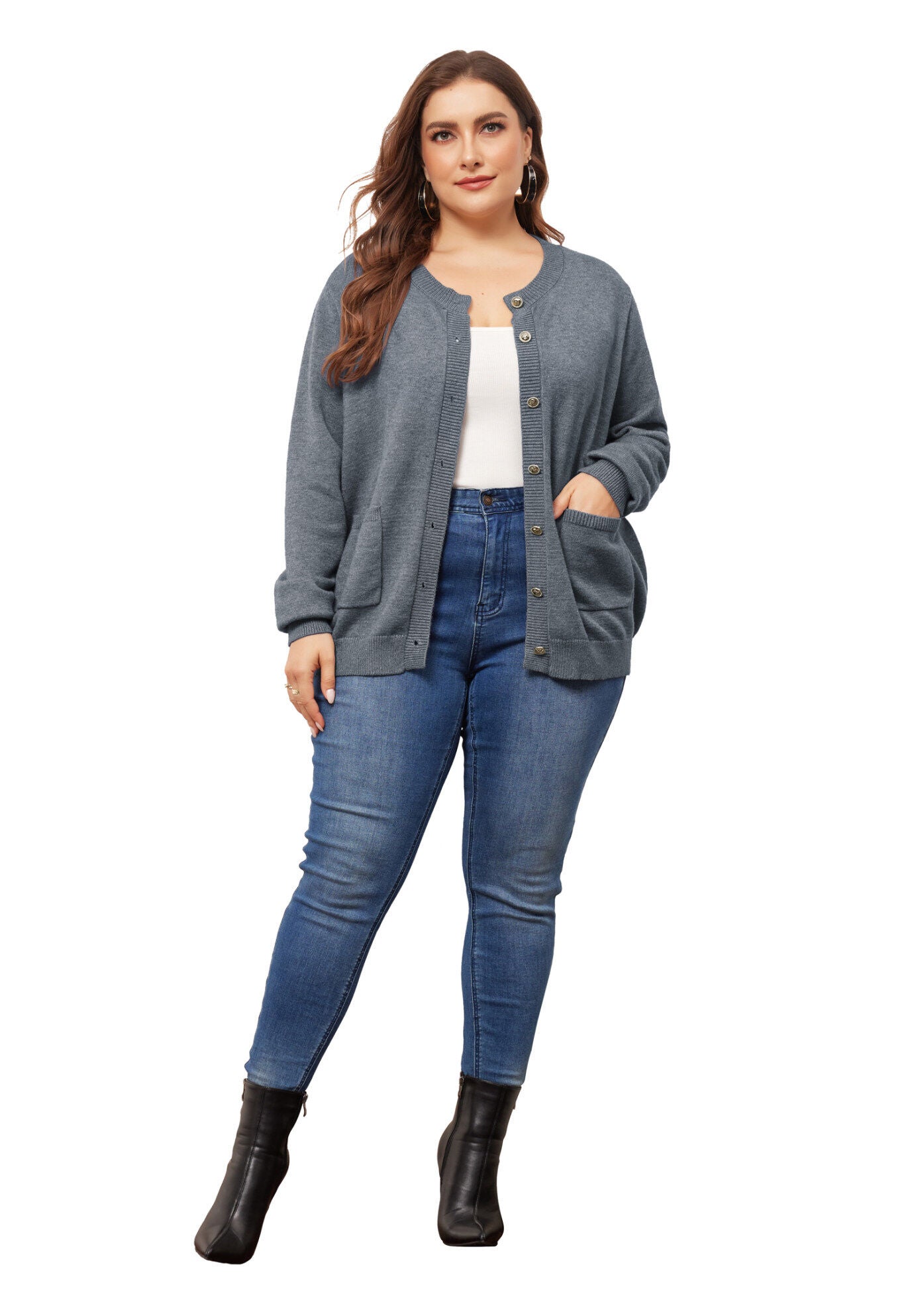 Button Down Crew Neck Sweater Knit Cardigan, Gray / Charcoal Grey, hi-res image number 0