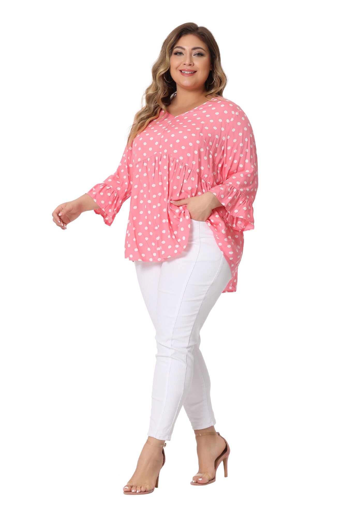 Polka Dots Blouse 3/4 Ruffle Sleeve Peplum Top, Pink / Pink, hi-res image number 0