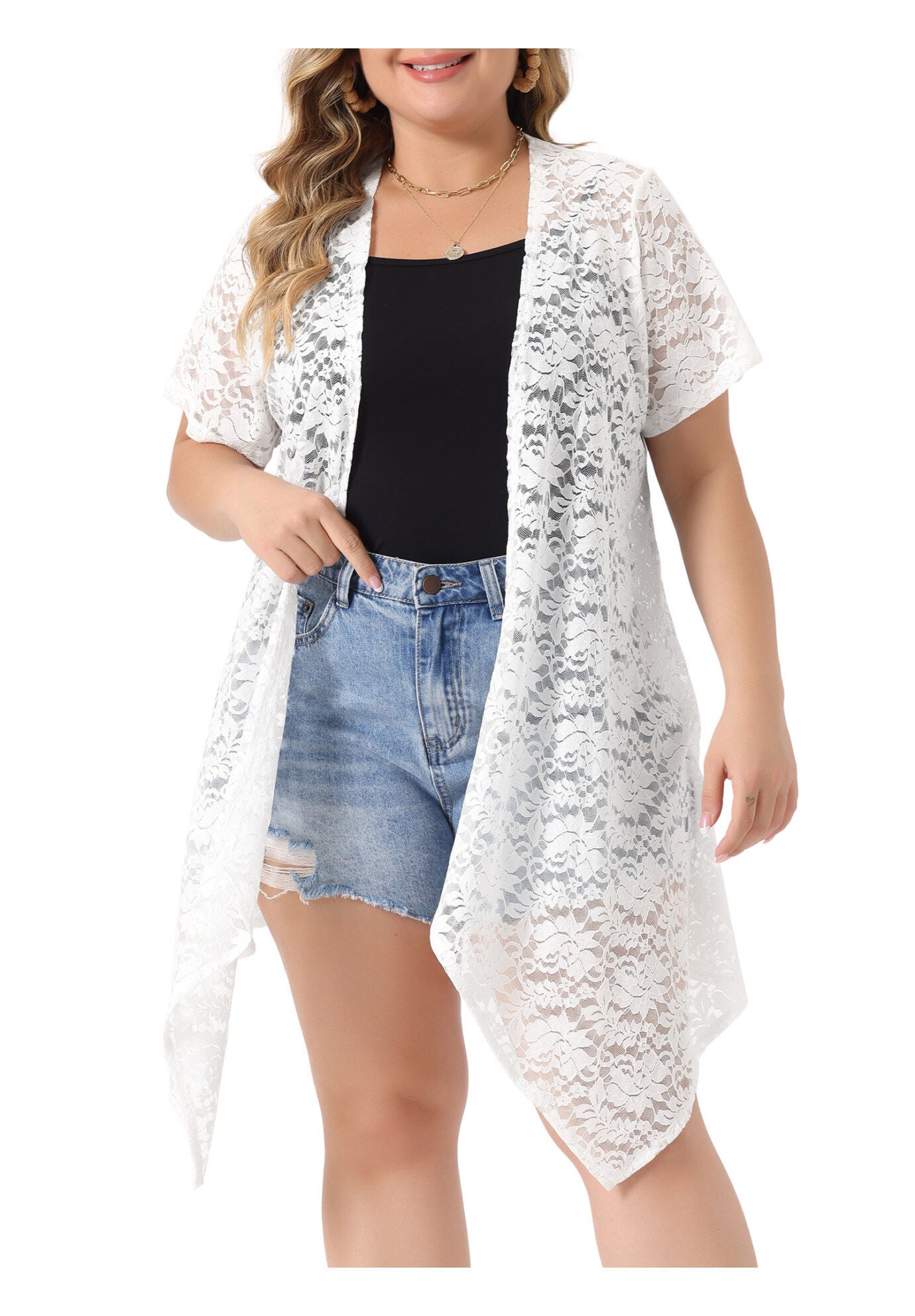 Lace Crochet Cardigan Open Front Short Sleeves Sheer Cover Up, White / White, alternate image number 2